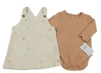 Nové - 2Set - Smetanové manšestrové šaty s květy + karamelové žebrované body George