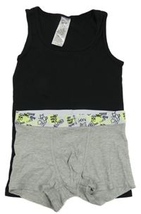 2Set - Černý nátělník Y.F.K. + šedo/bílé boxerky s nápisy a skateboardy 