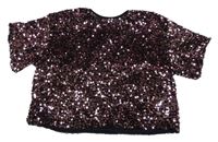 Černo-starorůžové sametové flitrové oversize crop podšité tričko Next