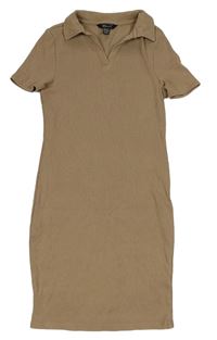 Hnědé žebrované elastické polo šaty New Look
