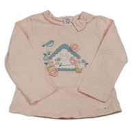 Růžové triko s ptačí budkou a květy Mayoral