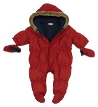 Červená šusťáková zateplená kombinéza s kapucí + rukavice Next