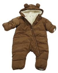 Hnědá šusťáková zimní kombinéza s nášivkou a kapucí H&M