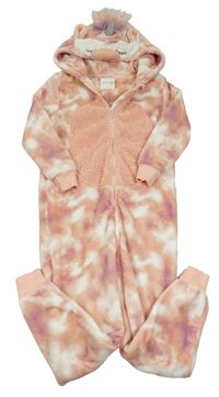 Růžovo-bílá batikovaná chlupatá kombinéza s kapucí - jednorožec Next