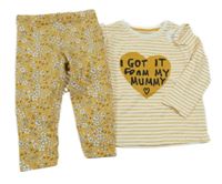 Nové - 2set - Smetanovo-okrové pruhované triko se srdcem s nápisem + okrové květované legíny F&F