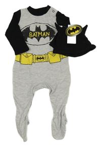 Nové - 2set - Světlešedo-černý overal s logem Batmana + černá bavlněná čepice