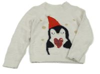 Bílý chlupatý svetr s tučňákem M&Co.