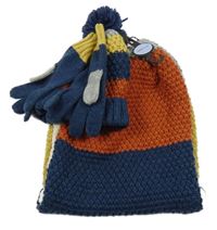 Nové - 3 set - tmavomodro-cihlovo-okrová pletená čepice + nákrčník + rukavice M&S