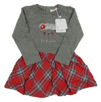 Nové - šedé šaty s červenou kostkovanou sukní a čumákem