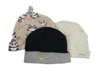 3x čepice - smetanová + růžová s pandami + černá s logem - Nike