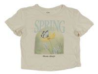 Smetanové crop tričko s nápisem a motýlkem C&A