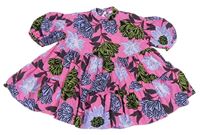 Tmavorůžovo-černo-lila květované plátěné šaty Next
