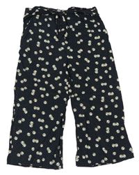 Černé puntíkaté lehké culottes kalhoty s květy a páskem Primark