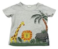 Šedé melírované tričko se zvířaty a palmou