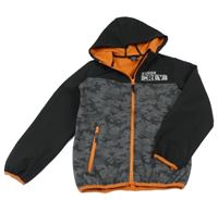 Černo-šedá softshellová bunda s army prvkem a nápisem a kapucí Y.F.K.