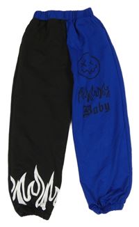 Černo-tmavomodré tepláky s ohněm a smajlíkem Shein