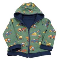 Zelená propínací oboustranná mikina s bagry a kapucí Jojo Maman Bébé