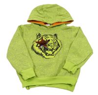 Světlezelená mikina s nápisy a tygrem a kapucí 