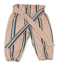 Růžovo-šedo-bílo-černé pruhované teplákové kalhoty s páskem 