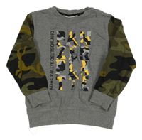 Šedo-khaki mikina s nápisy a army rukávy 