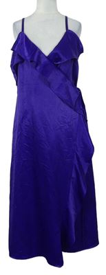 Dámské fialové saténové midi zavinovací šaty s volánkem Warehouse 