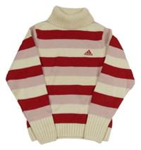 Růžovo-červeno-smetanový pruhovaný svetr s logem a rolákem Adidas