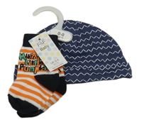 Nové - 2set - Tmavomodrá vzorovaná čepice + pruhované ponožky 