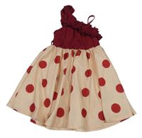 Vínovo-růžové asymetrické šaty s puntíky a volány 