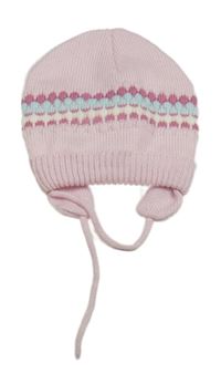 Světlerůžovo-bílo-modrá čepice se vzorem tkaničkami 