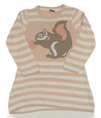 Světlerůžovo-bílé pruhované svetrové šaty s veverkou Lupilu