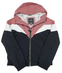 Růžovo-bílo-černá šusťáková jarní bunda s kapucí C&A