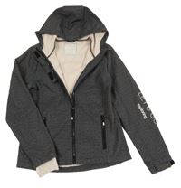 Tmavošedá melírovaná softshellová bunda s nápisem a kapucí Page one young