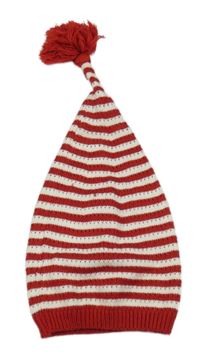 Červeno-bílá pruhovaná pletená čepice s bambulí 
