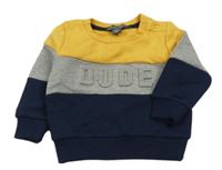 Tmavomodro-šedo-žlutá pruhovaná mikina s 3D nápisem Primark