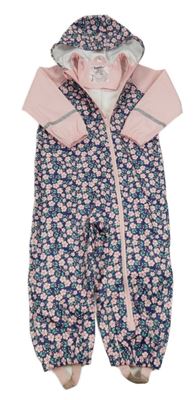 Tmavomodro-světlerůžová nepromokavá kombinéza s kytičkami a kapucí Lupilu