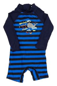 Tmavomodro-modrý pruhovaný UV overal s velrybou 