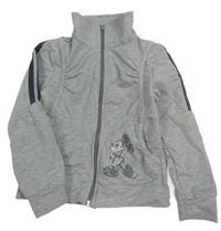 Šedá melírovaná propínací mikina s Mickey z kamínků a pruhy