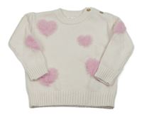 Smetanový svetr s růžovými chlupatými srdíčky zn. so cute