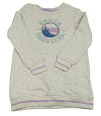 Světlešedá melírovaná tepláková šatová tunika s lesem a nápisy POCOPIANO