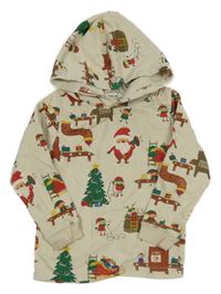 Světlebéžová vánoční mikina se Santy a elfy a kapucí H&M