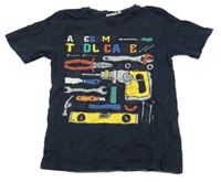 Tmavomodré tričko s nářadím a nápisy Zab