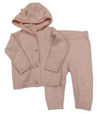 2Set - Světlerůžový vzorovaný propínací svetr s kapucí s oušky + kalhoty