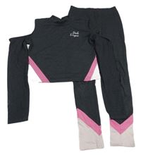 2Set - Tmavošedo-růžovo-světlerůžový crop rolák s nápisy a volnými rameny + legíny Page one young