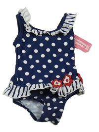 Nové - tmavomodro-bílé puntíkaté jednodílné plavky s 3D květy a volánky YD