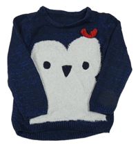 Tmavomodrý melírovaný svetr se sovičkou a třpytkami NUTMEG