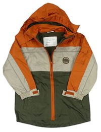 Khaki-béžovo-oranžová šusťáková jarní bunda s výšivkou a kapucí  X-mail 