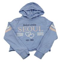 Světlemodrá crop mikina s nápisem se srdíčky a kapucí H&M