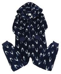 Tmavomodrá chlupatá kombinéza s jeleny a kapucí Next