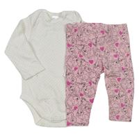 2 set - Bílé puntíkaté body + růžové legíny s králíky C&A