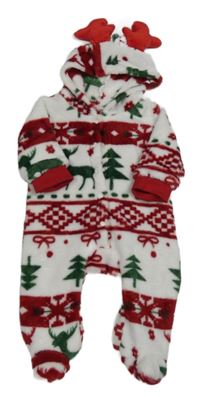 Bílo-červeno-zelená vánoční plyšová kombinéza s kapucí 